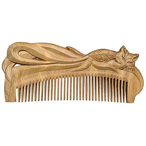 wooden scalp massager， Green Sandalwood Craft Comb Natural Wood Hand Carved Hair Fox Valentine's Gift Massage Combs Vintage Hair Brush Styling Tools,1,18 Size