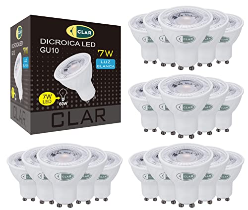 CLAR- LED GU10 LED Neutrales Weiß, 7W GU10 LED, Leuchtmittel GU10, GU 10 LED, LED Lampe GU10, LED Leuchtmittel GU10 Neutrales Weiß 4000ºk (Pack 20)