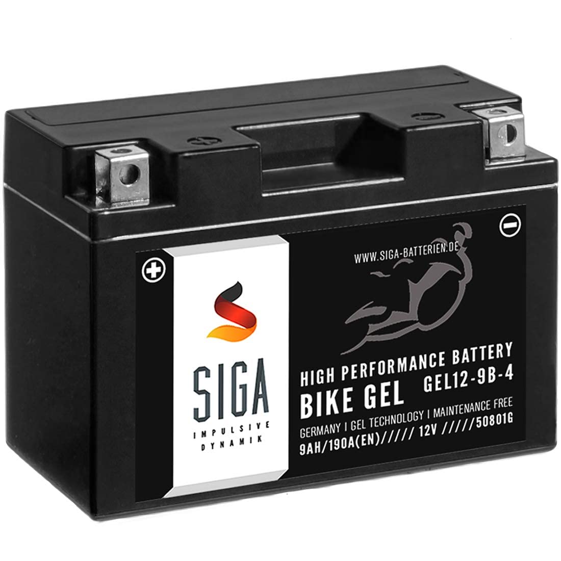 SIGA GEL Motorradbatterie 12V 9Ah 190A/EN Gel Batterie YT9B-4 GEL12-9B-4 GT9B-4 YT9B-BS 50801