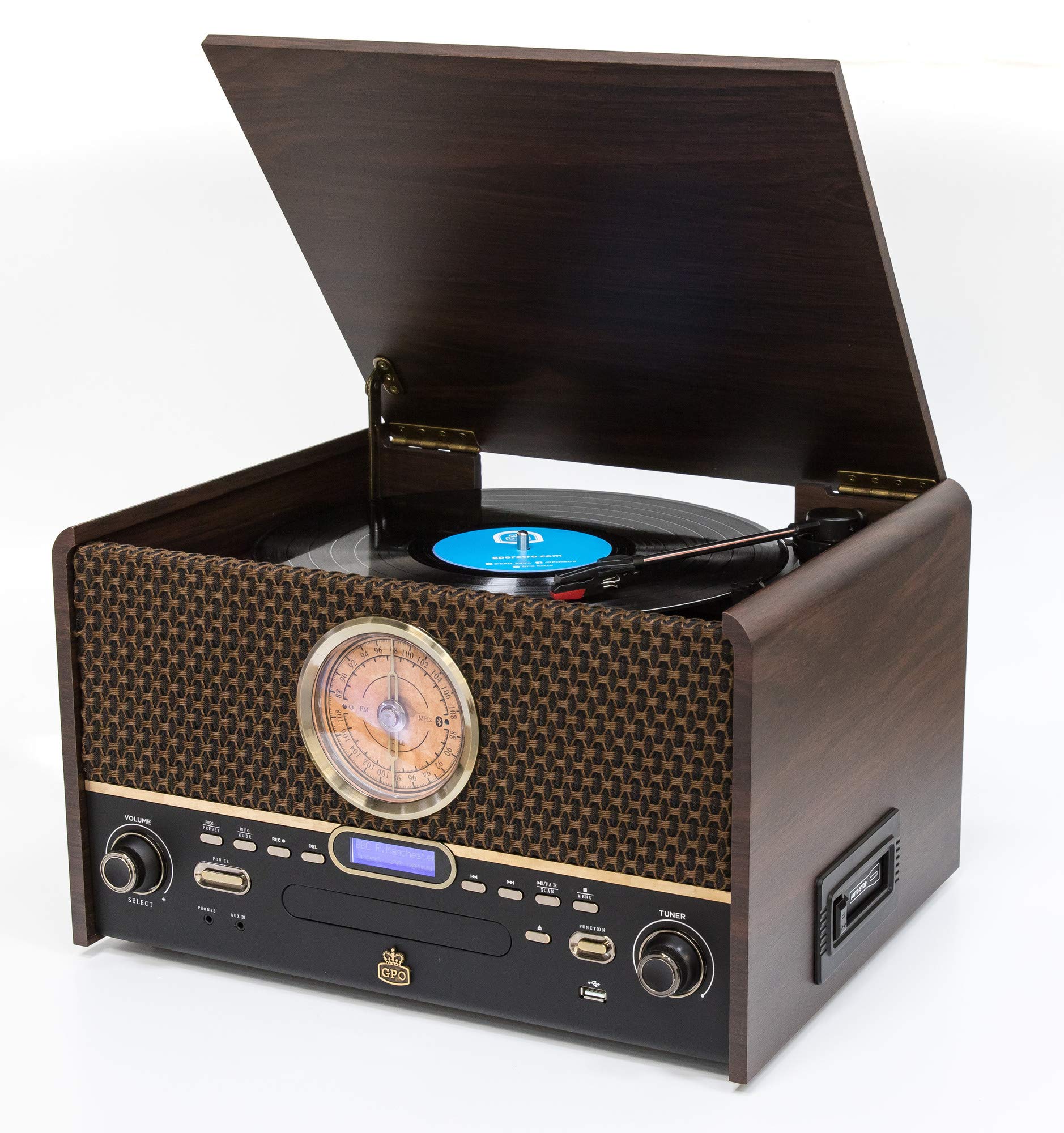 GPO Chesterton DAB+ Retro Musiksystem- Vinyl-, CD- und Kassettenspieler, USB, UKW/DAB-Radio, AUX-Eingang, Lautsprecher