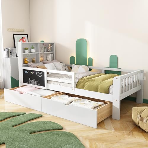 Idemon Kinderbett, Kinderbett mit Mehrfunktionen, mit Schubladen und Tafel, ohne Matratze, weiß, 90 * 200CM