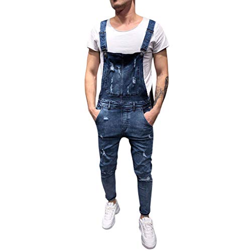 Yowablo Jeans Herren Latzhose Lange Jeanshose Retro Denim Overalls Skinny Fit Streetwear Washed zerreißen Arbeitshosen Jumpsuit (XL,4- Blau)