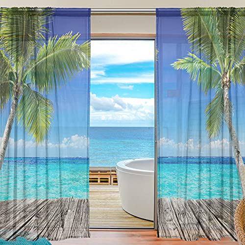 Sheer Voile Fenster Vorhang Tropische Palme Meer Bedrucktes Weiches Material für Schlafzimmer Wohnzimmer Küche Decor Home Tür Dekoration 2 Felder 198,1 x 139,7 cm
