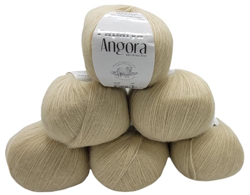 6 x 100 g Strickgarn Papatya Angora einfarbig mit 20% Merino Wolle, 600 Gramm Strickwolle uni (natur 9220)