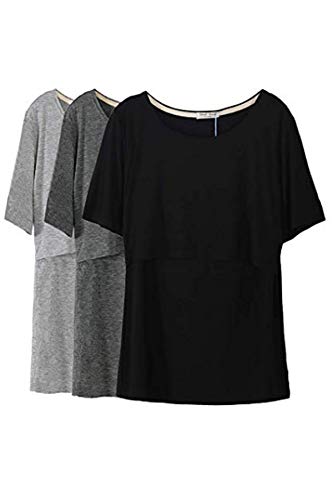 Smallshow Stillshirt Umstandstop T-Shirt Überlagertes Design Umstandsshirt Schwangerschaft Kleidung Mutterschafts Kurzarm Shirt,Black/Grey/Dim Grey,XL