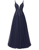 Carnivalprom Damen Spitze Abendkleider Für Hochzeit Elegant Brautkleid Spaghetti-Träger Ballkleider(Navy Blau,34)