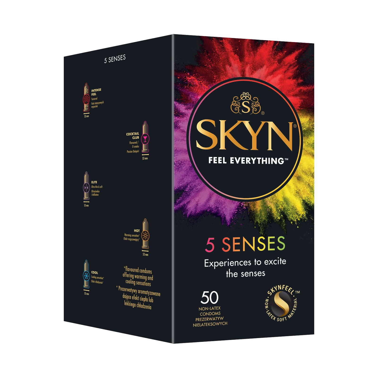 SKYN 5 Senses Kondome (50 Stück) | Skynfeel Latexfreie Kondome für Männer mit Noppen und Geschmack, Gefühlsecht Hauchzart, Wellentextur, Daiquiri-Aroma, Wärmendem Gel, Kühlendem Mentholgel