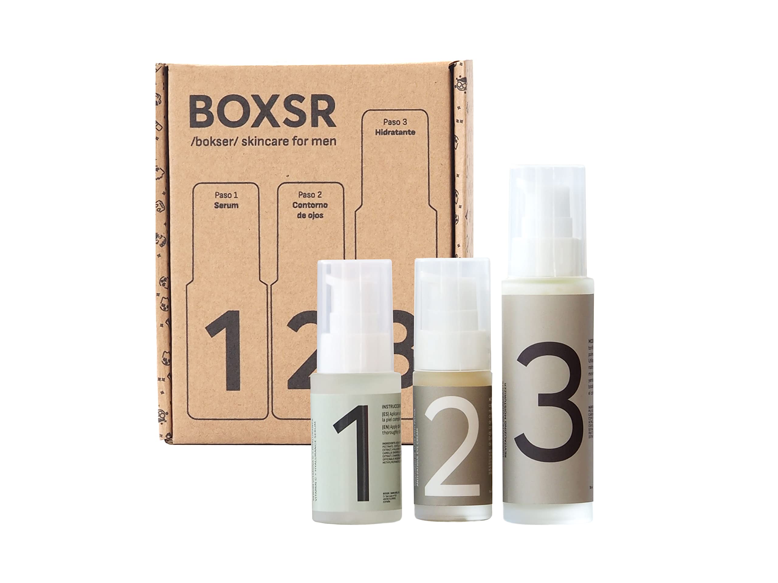 BOXSR │ Gesichtspflege für Männer│ Serum mit Vitamin C und Hyaluronsäure, Augenkontur und Feuchtigkeitscreme │ Natürliche Pflege für Männer (3er-Pack)