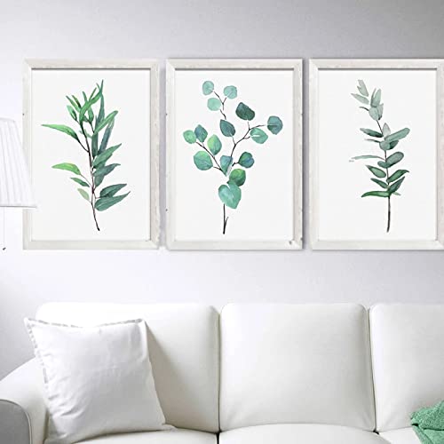 Skandinavische Eukalyptus-Poster Kunstdruckset 3 grüne botanische Wand Bilder Leinwandbild minimalistisches Aquarellbild Schlafzimmerdekoration 30 x 50 cm x 3 ungerahmt