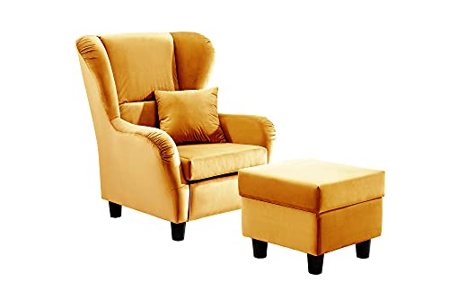 lifestyle4living Ohrensessel mit Hocker in Gold-gelbem Samt bezogen | Der perfekte Polstersessel für entspannte, Lange Fernseh- und Leseabende.