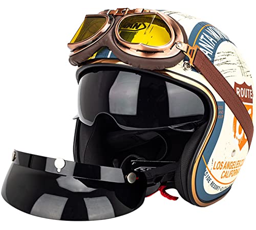 ZLYJ Vintage Motorrad Open Helm, Retro Half Cascos Elektro Motorrad Mit Visier, 3/4 Vintage Jet Biker Helm Mit ECE Zertifikat, Universal Herren Und Damen D,XXL(63-64cm)