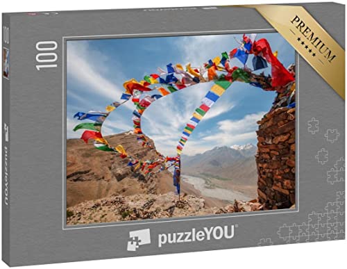 puzzleYOU: Puzzle 100 Teile „Typisch Bunte tibetische Mantra-Flaggen flattern im Wind, Tibet“