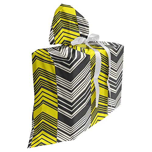 ABAKUHAUS Gelb und Weiß Baby Shower Geschänksverpackung aus Stoff, Zick-Zack-Muster, 3x Bändern Wiederbenutzbar, 70 x 80 cm, Gelb Creme Grau
