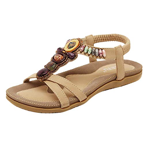 Sandalen Frauen Mode süße Perlen Clip Toe Flats Bohemian Herringbone (43,Khaki)