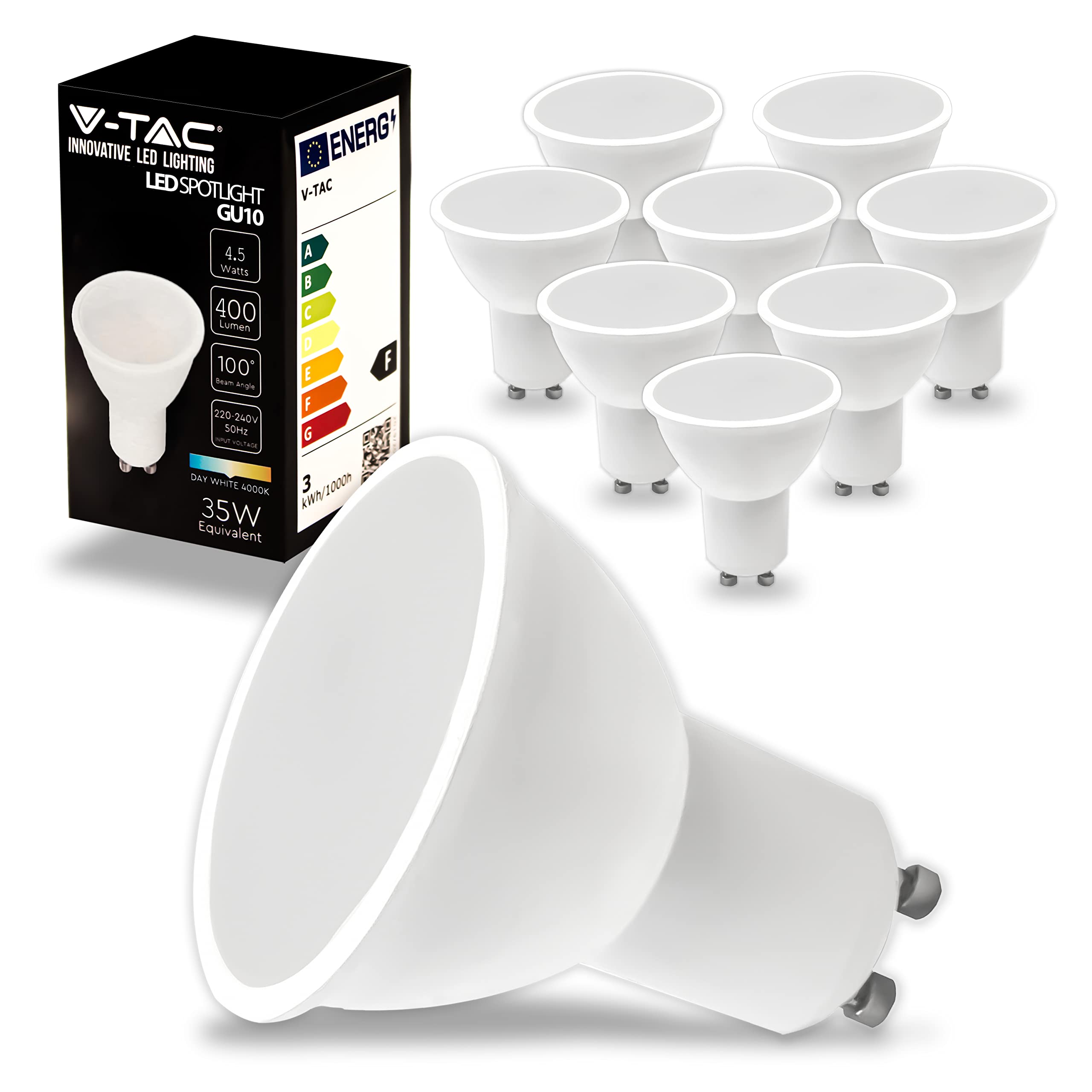 V-TAC 10x LED Glühbirne GU10-4,5W (entspricht 35W) - 400Lumen - GU10 Spot LED Glühlampen - Licht 4000K Neutralweiß