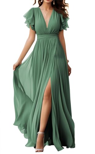 V-Ausschnitt Chiffon Brautjungfer Kleid mit Schlitz Flatterärmel Chiffon Plissee Formale Ballkleider für Frauen, Eukalyptus, 44
