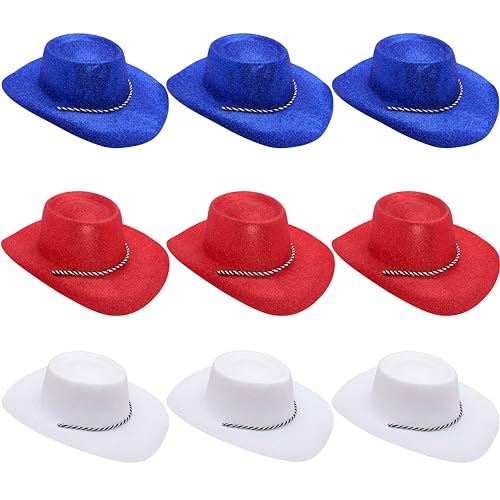 Toyland® Packung mit 9 Glitzer-Cowboyhüten mit USA-Farbthema – 3 Blau, 3 Rot und 3 Weiß – Größe 34 cm (13 Zoll) – Perfekt für EM, Weltmeisterschaft und Festivals