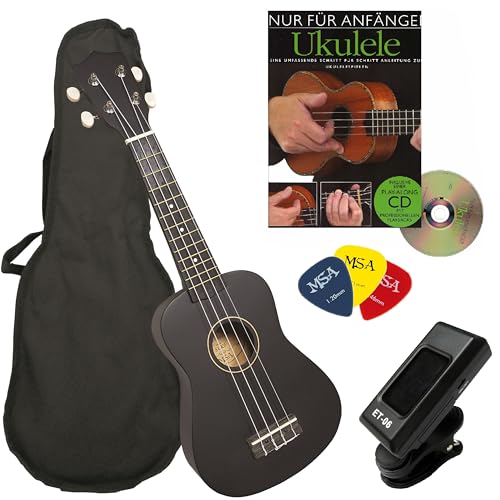 SOPRAN UKULELE 21" - SCHWARZ - IM SET INCL. NYLONTASCHE - LEHRBUCH - TUNER - PIKS SOPRANUKULELE