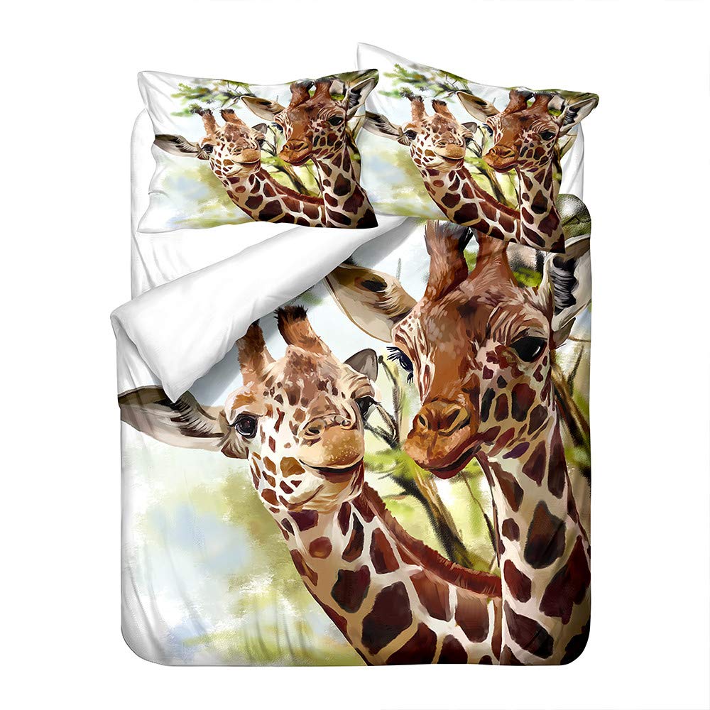 Hiser Bettwäsche-Set 3 Teilig Giraffe Drucken Bettwäsche Set - Mikrofaser Bettbezug und Kissenbezug - 3D Bedrucktes Erwachsene Kinder Bettwäsche-Set (Giraffenpaar,135x200cm)