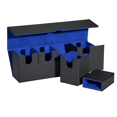 Desikixudy 1 Stück Kartenaufbewahrungsbox mit Tablett, Schwarz-Blaues PU-Deckgehäuse mit Seitlicher Lademöglichkeit, Spielkartenbox