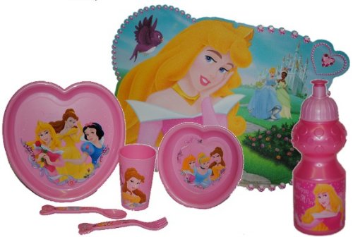 Unbekannt 7 TLG. Set Disney Prinzessin Teller + Müslischale + Trinkflasche + Trinkglas +