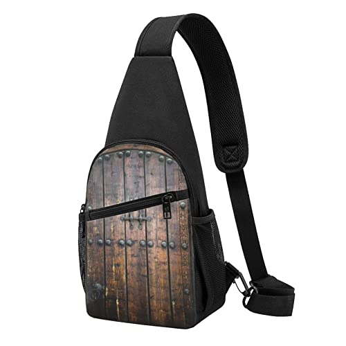 Schwarze Brusttasche mit Musiknoten-Aufdruck, wasserdicht, leicht, ein Gurt, Schultertasche, für Outdoor, Wandern, Sport, Rustikale Holztür, Einheitsgröße