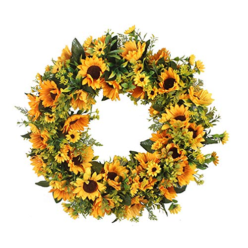 LAMF Künstlicher Sonnenblumenkranz, 40,6 cm, dekorativer Blumenkranz mit gelben Sonnenblumen und grünen Blättern, Haustür-Kränze für alle Jahreszeiten