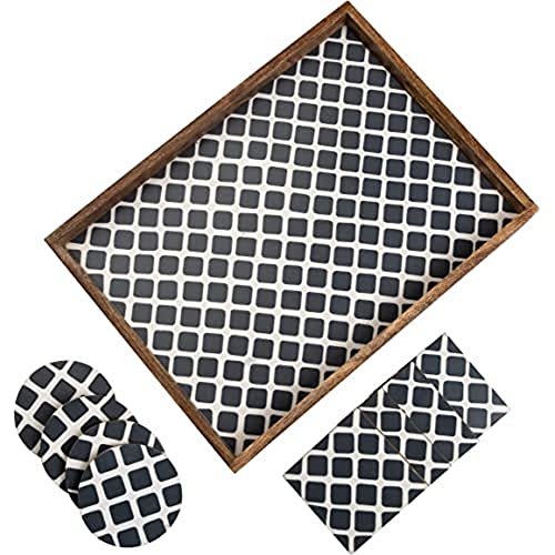 Penguin Home Kohle und Weiß Marokko Textur Serviertablett-Set für Tee/Kaffee und Lebensmittel mit 4 Quadratischen und 4 Passenden Runden Untersetzern