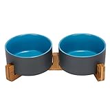 SPUNKYJUNKY Hundenapf Keramik Doppel Futternapf Katzennapf Wassernapf Fressnapf mit Bambus Ständer für Hund und Katzen (850ml, Blau Grau)