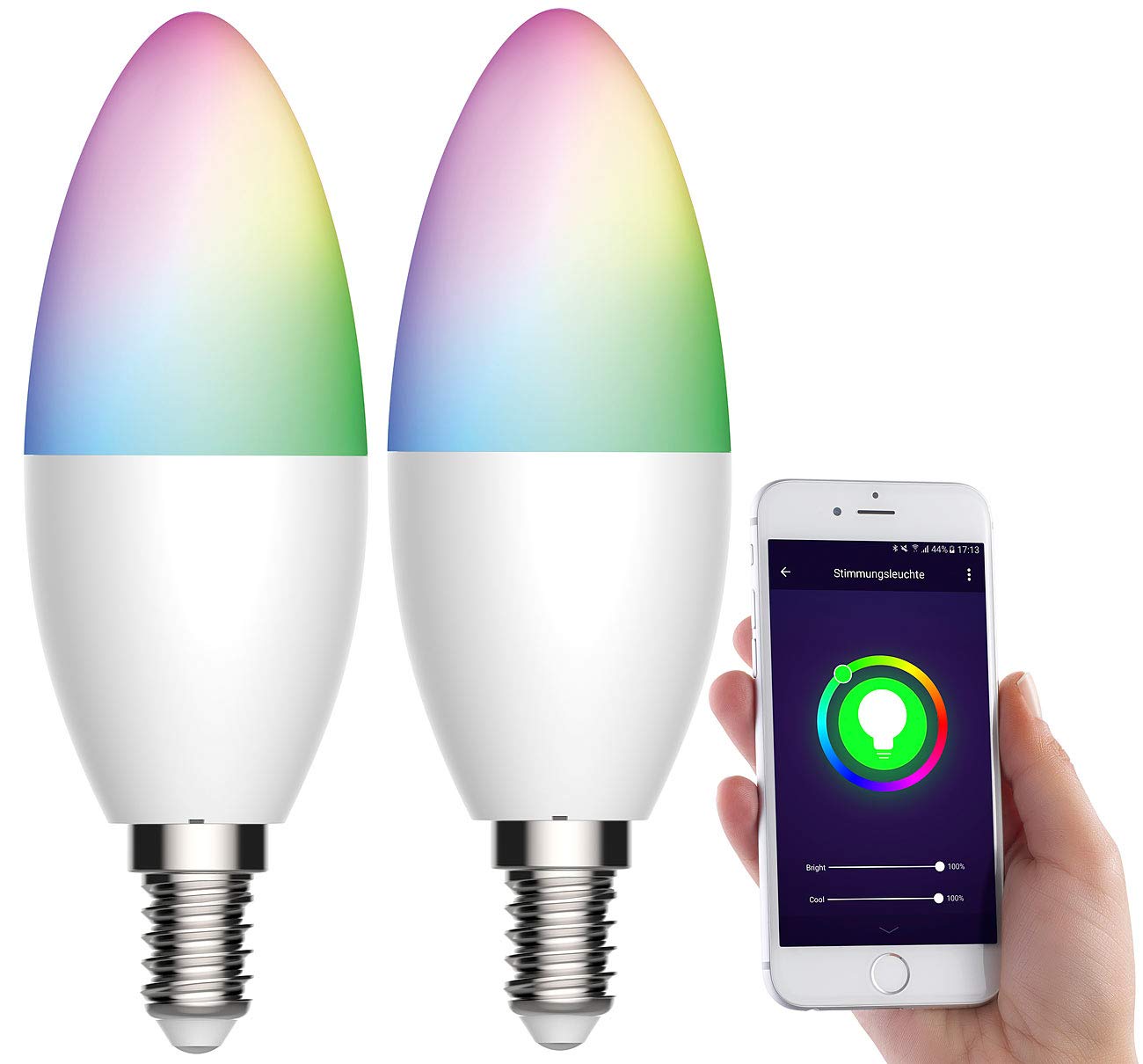 Luminea Home Control E14 Alexa: 2er-Set WLAN-LED-Kerze, E14, RGB-CCT, 5,5 W (ersetzt 40 W), 470lm, App (LED E14 dimmbar, Alexa Glühbirne E14, Dimmbare Energiesparlampen)