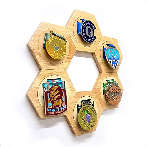 Siqi Medal Display Hanger Rack Holzdekoration Hexagon Honeycomb Medal Aufbewahrungskoffer für Sportmedaillen, Leichtathletik, Militär, Rennen, Laufen, Marathons (6 Stück)-Hexagon