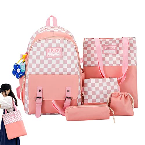 Jomewory Ästhetische Schultasche, Set Rucksack und Lunchbox, niedlich, für Kinder | Schulrucksack aus Segeltuch mit Blumenanhänger, niedlich, Umhängetasche mit Griff, Rosa, 1