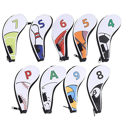 Golf Club Eisenabdeckung, 9 Stück Golf Eisen Kopfhüllen Hülse Digitaler Reißverschluss Sportmuster Schutz PU Wasserdicht