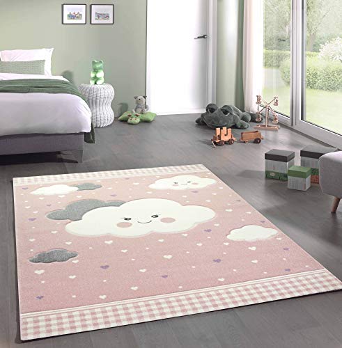 Merinos Kinderteppich Spielteppich mit Wolken in Rosa Größe 200 x 290 cm