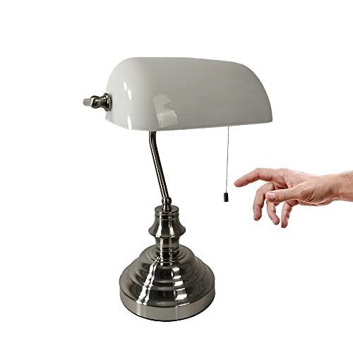 Tischleuchte Bankerslamp mit Zugschalter Fassung E27 Bankerlampe Schreibtisch-Arbeits-Nachtisch-Leuchte-Lampe Tischlampe Nostalgielampe (nickel-weiß)