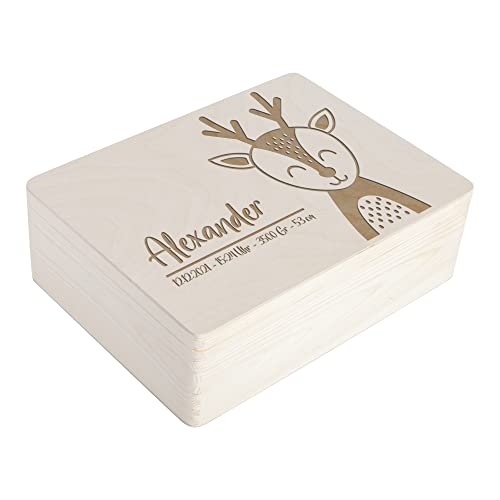 Waldwicht | Niedliches Reh | Erinnerungsbox zur Geburt - Personalisierte Geschenke für Jungen & Mädchen - Aufbewahrungsbox, Erinnerungskiste, Holzkiste, Geschenkbox | mit Deckel - 40x30x14 cm