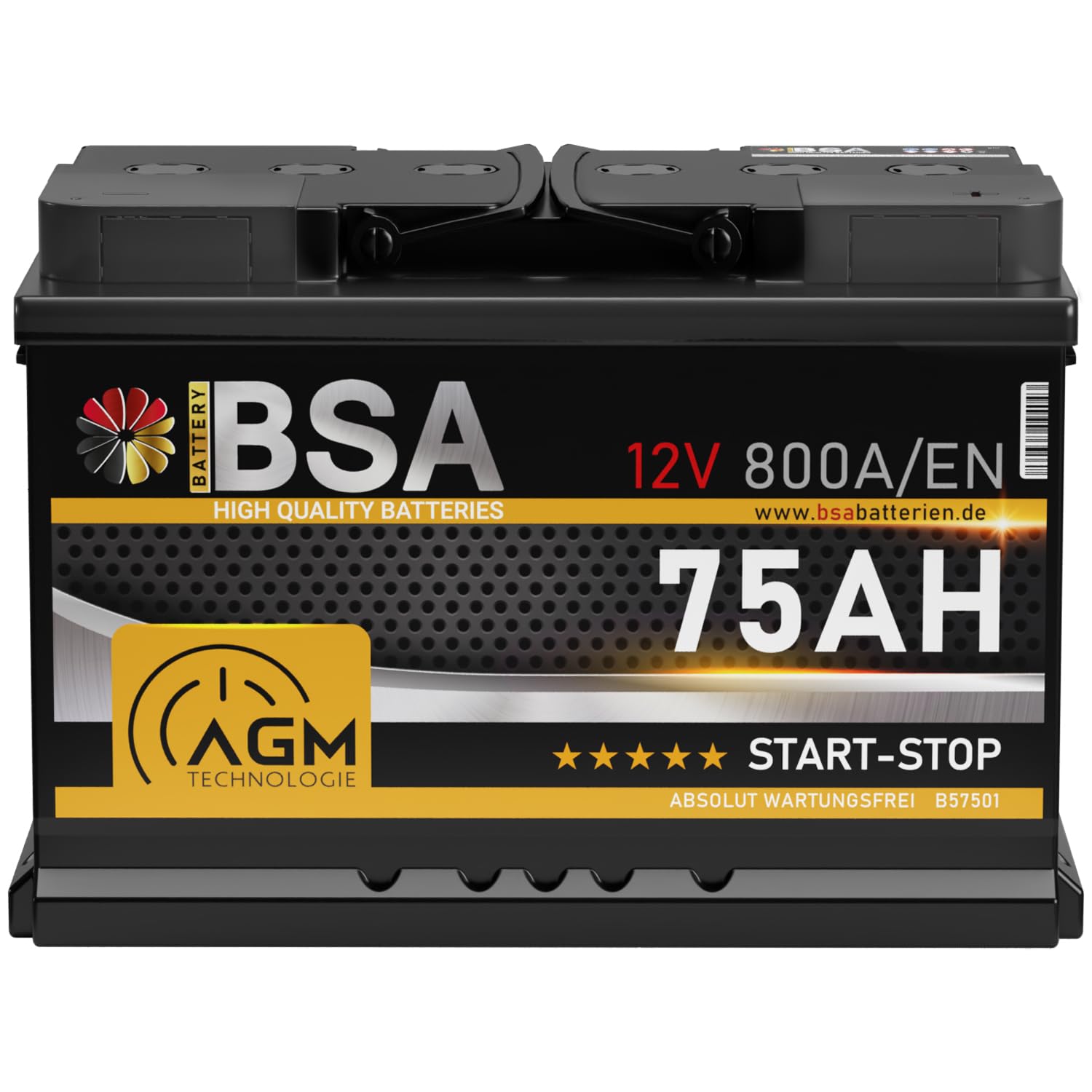 BSA AGM Batterie 75Ah 12V 800A/EN Start-Stop Batterie Autobatterie VRLA statt 70Ah