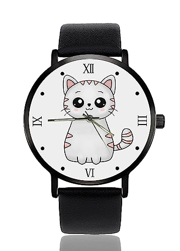 Uhr Personalisierte benutzerdefinierte Uhren Casual Schwarz Lederband Armbanduhren für Männer Frauen Unisex, Kawaii Katze