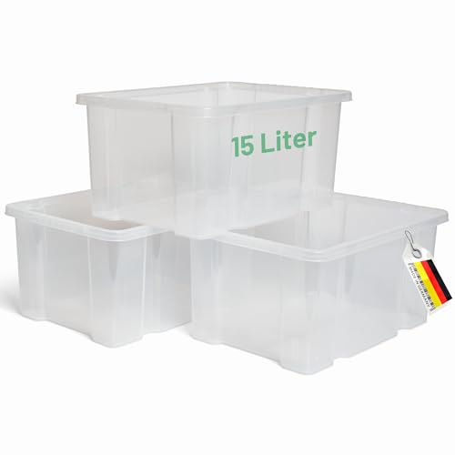 Novaliv 3x Aufbewahrungsboxen ohne Deckel 15L transparente Nestbar stapelbare Storage boxes mit Clipverschluss Kunststoffbox BPA-frei 39x28,5x19,5 cm