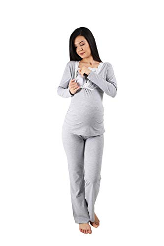 Still-Pyjama Set mit Spitze für Damen - Umstandspyjama Schlafanzug Nachtwäsche für Schwangerschaft und Stillzeit mit Stillfunktion, Langarm (Grau, X-Large)