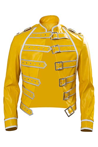 Rock Star Freddie Cosplay Kostüm Herren 80er Jahre Rock Band Steampunk Wembley Konzert Lederjacke Gelb Gr. Medium, gelb