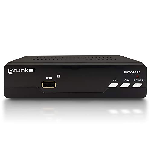 Grunkel - HDTV-18 T2 - TDT-Tuner T2 USB Live- und Zeitvorwahl-Player und Aufzeichnung, geringer Stromverbrauch, Fernbedienung, spanische Marke, einfache Installation, Schwarz