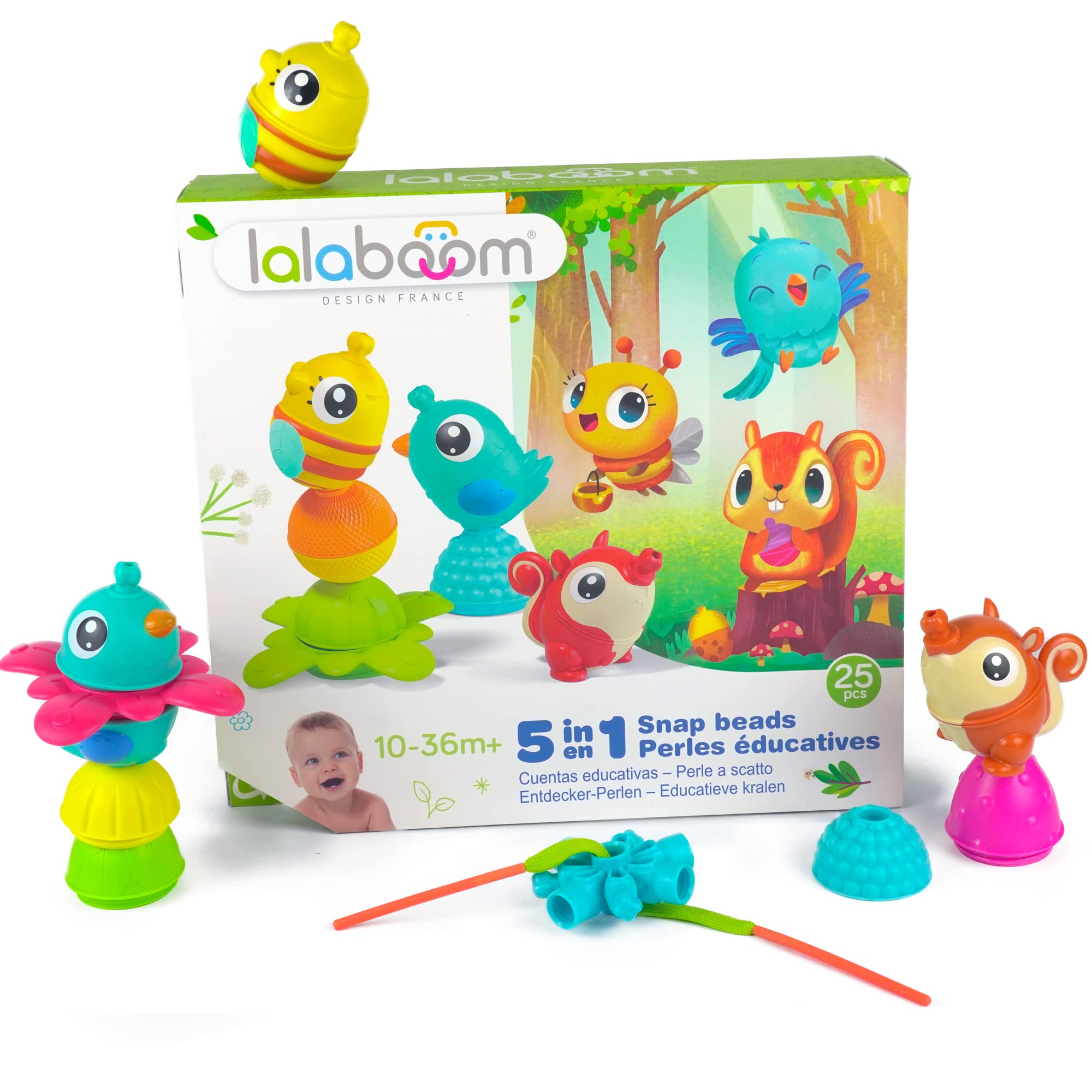 Lalaboom – Chunky Animals & Beads Gift Set - Preschool Educational Beads - Montessori Shapes and Colors Construction Game and Learning Toy - from 10 Months to 4 Years Old - 25 Pieces, BL320