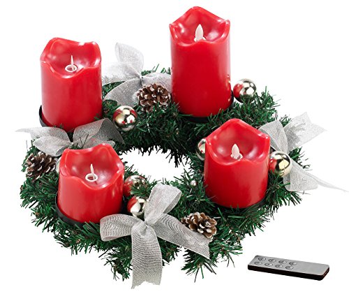 Britesta Advent Deko Kränze: Adventskranz, silbern, 4 rote LED-Kerzen mit bewegter Flamme (Kerzenkränze)