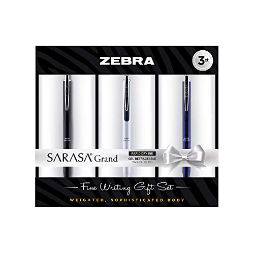 Zebra Pen Sarasa Grand Retractable Gel Pen Gift, White/Black/Navy Barrel, Mediun Point, 0.7mm, Black Ink, 3-Pack