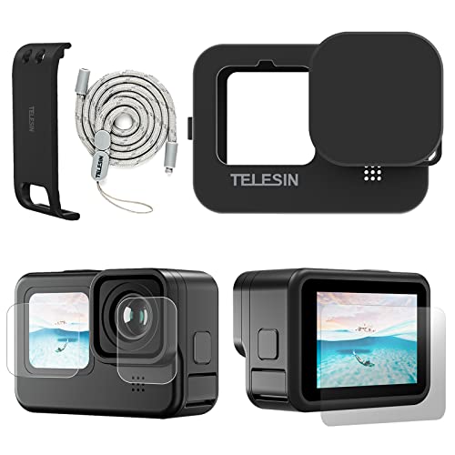 TELESIN Silikonkautschuk-Schutzhüllen-Zubehörset für GoPro Hero 11 10 9 Schwarz mit Akkuabdeckung+Objektivdeckel+4 x Ultra Clear Displayschutzfolien+2xHD-Objektivschutz+Riemen für GoPro 11 10 9