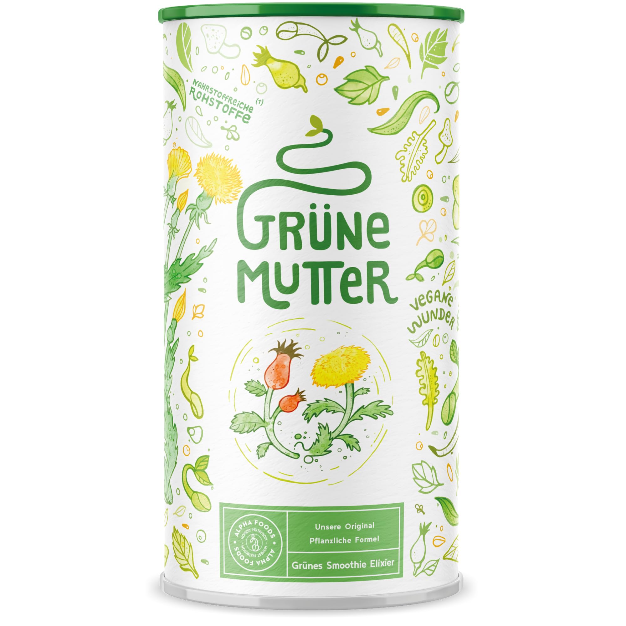 Grüne Mutter - Das Original - Greens Pulver - Coenzym Q10, Weizengras, Brennnessel, Mariendistel, Braunalge, Alfalfa, OPC und mehr - Smoothie Shake - 600g Pulver