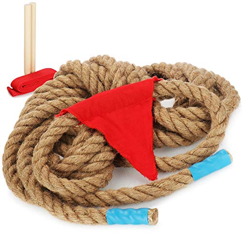 COM-FOUR® Tauziehen-Seil, 10m robustes starkes Jute-Seil, mit Ziellinie und Markierungsfahne, tolles Tauzieh-Spielzeug für Strand, Garten und Outdoor