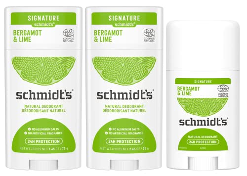 Schmidt's Deo Stick für ein frisches Gefühl und 24 Stunden Schutz gegen schlechten Geruch Bergamotte & Lime Aluminiumfri Deodorant mit Zutaten aus 100% natürlichen Ursprungs 2x58 ml, 1x40 ml