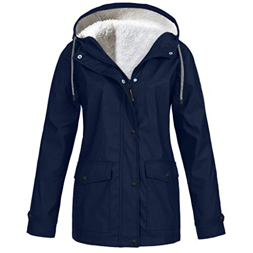 MMOOVV Winterjacke Damen Winter Jacke Solide Plüsch Verdickung Jacke Outdoor Plus Size Kapuzen Regenmantel Winddicht (Marine XL)